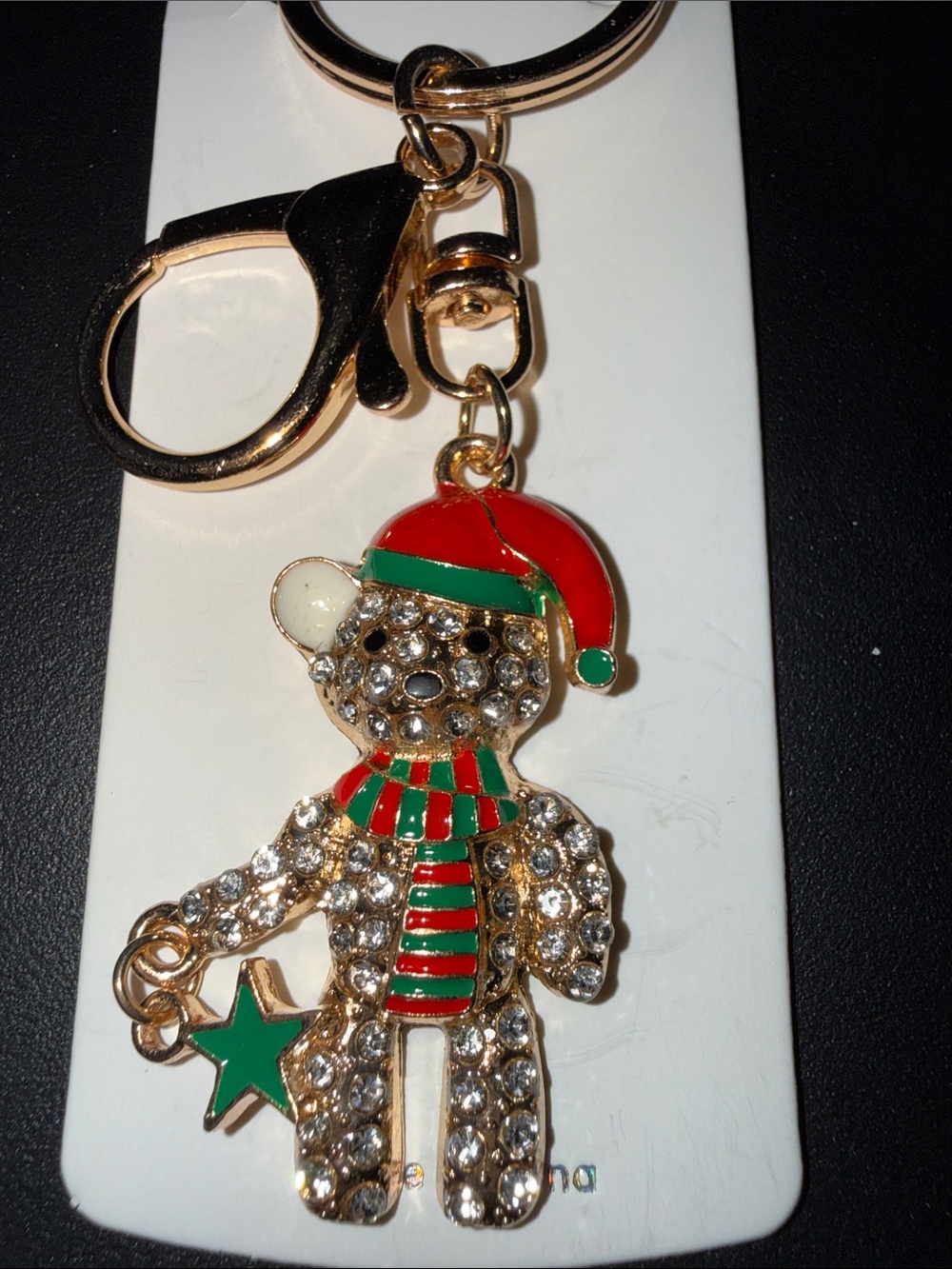 Gold Crystal Teddy Keychain with Red & Green Holiday Accents